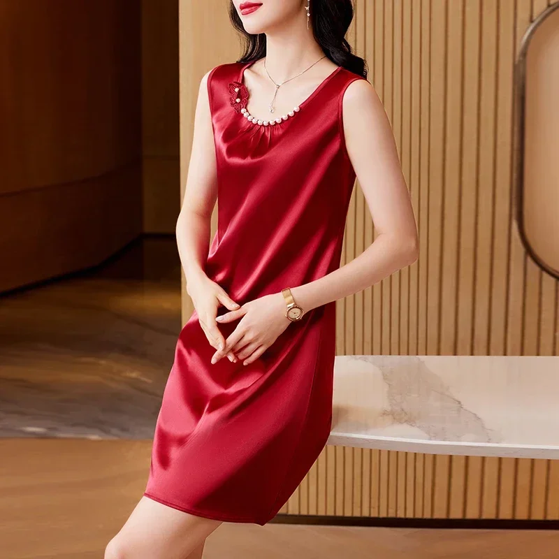 Fashion Slim Fit Women's Clothing Spring Summer Dress Spliced Beaded Cami Dress for Women Elegant Sleeveless Mid-Length Dresses