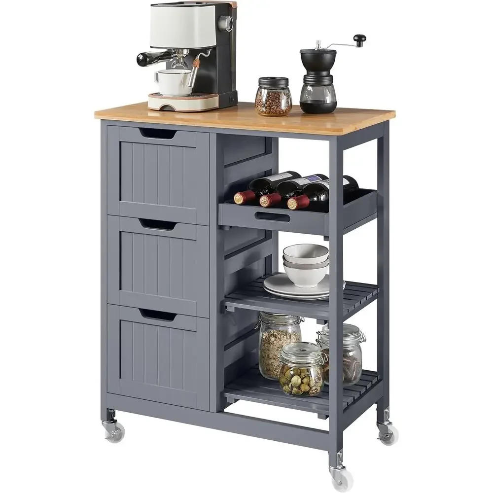 Kitchen Island Cart on Wheels, Rolling Storage Cart with Bamboo Countertop, 3 Ders, 3 Removable Shelves & Lockable Casters or Di