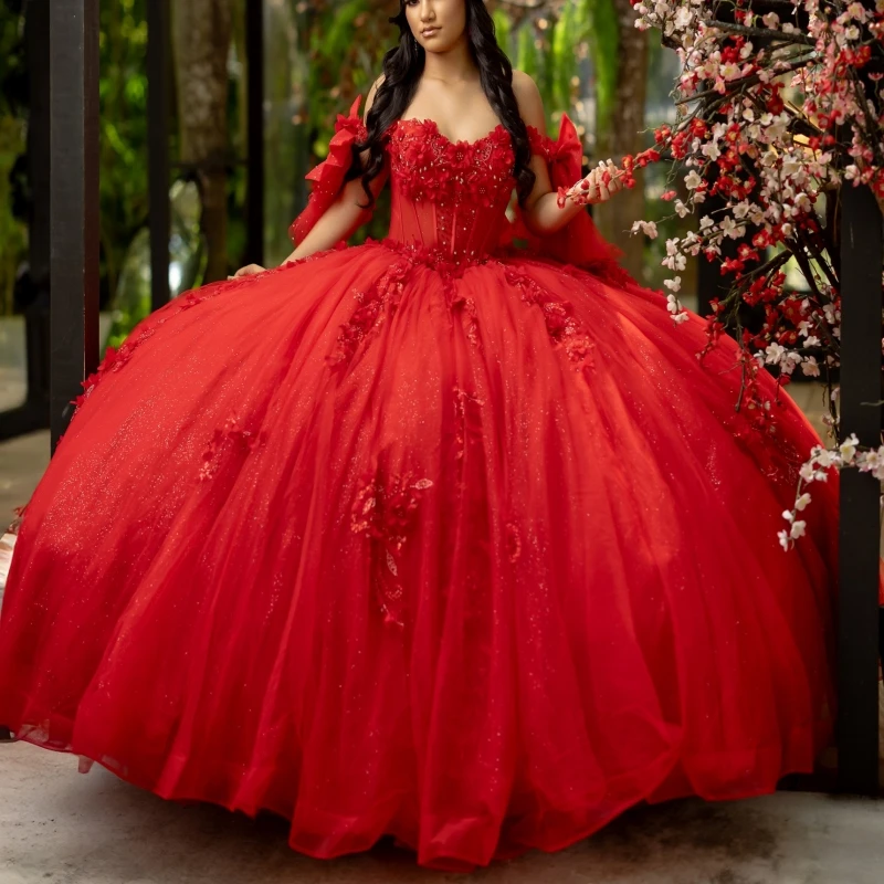 Red Glitter Quinceanera Dresses Off Shoulder Ball Gown Sweet 16 Dress Applique Flower Beading Bow Tull Party Birthday vestidos