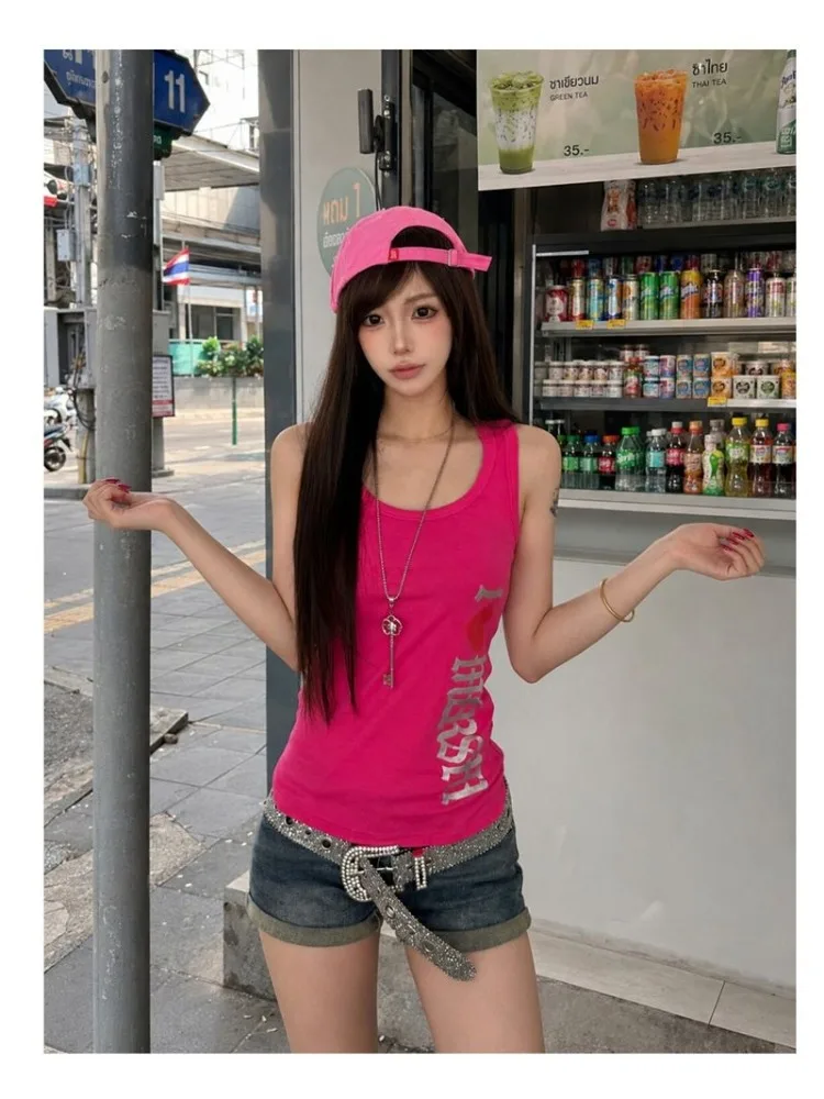 Kimotimo Summer Letter Print Tank Top Women American Sexy Y2k Sleeveless Slim Fit Camisole Vest Vintage Streetwear Ropa Mujer