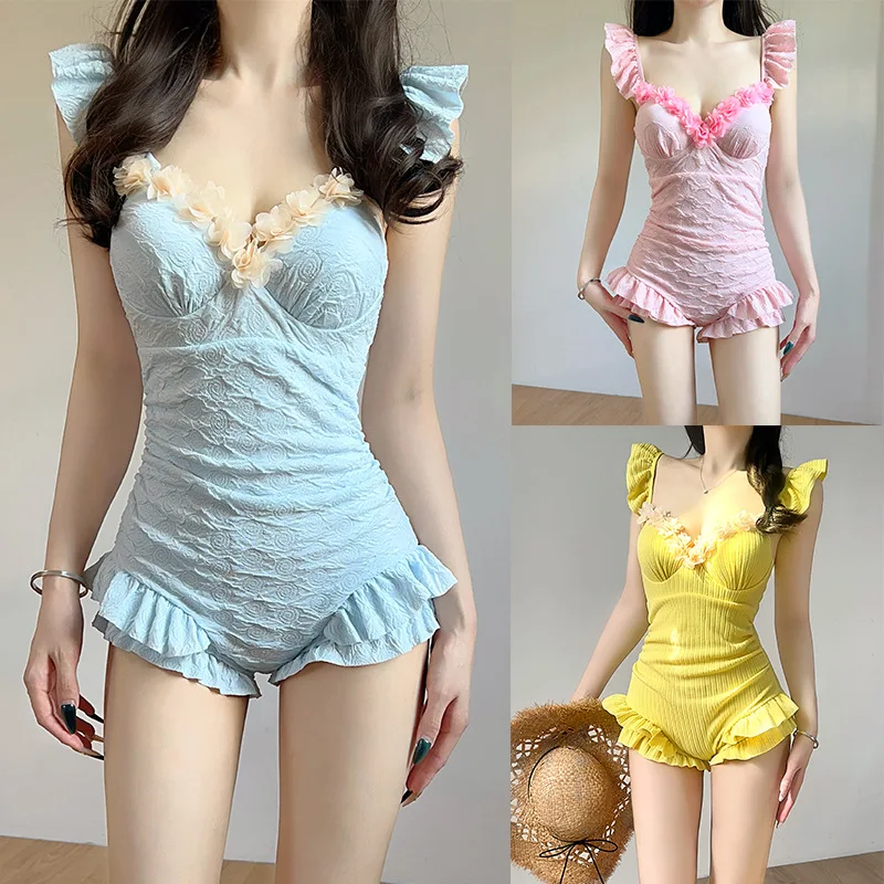 เซ็กซี่ kpop ดอกไม้ ruffles push up ชุดว่ายน้ํา one piece สีฟ้าสีชมพูสีเหลือง 3 สี ruched bodysuits บิกินี่น่ารักชุดชายหาด biquini