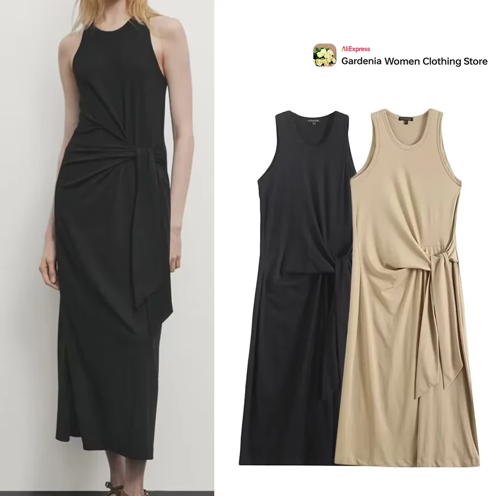 Vestido sin mangas elegante y elegante para mujer, 2 colores, cuello redondo, con tirantes anchos, nudo, moda Vintage, vestido veraniego hasta el tobillo, fruncido en la cintura