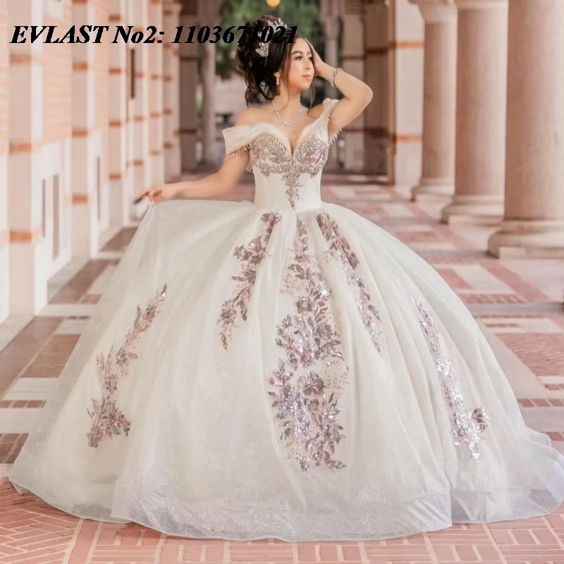 EVLAST Customized Shiny Beige Quinceanera Dress Ball Gown Sequins Applique Beading Corset Sweet 16 Vestidos De 15 Anos E2Q04