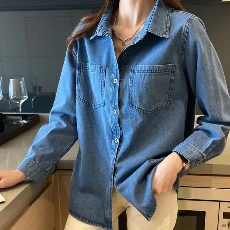 

Lucyever Blue Denim Shirt Women 2023 Autumn New Single-Breasted Jeans Blouses Female Pockets Loose Fashion Lapel Cowboy Blusas