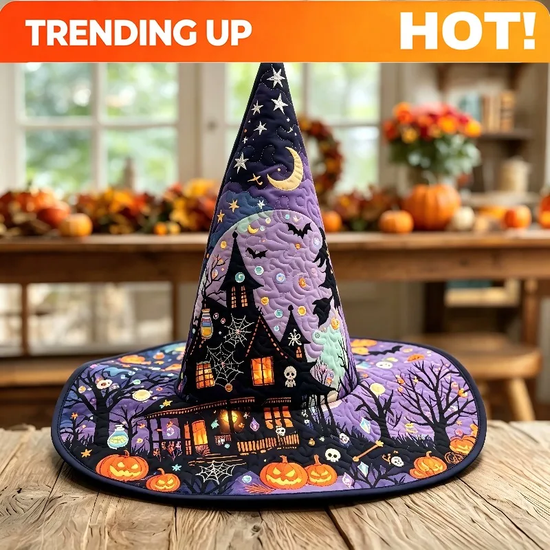 Customization Quilted Witch Hat With Bat & Patterns - Soft Fabric Wizard Hat Suitable For Cosplay, Costume Parties, Role Play