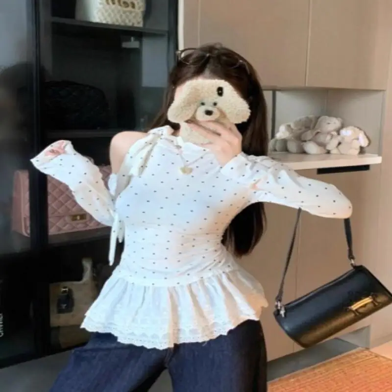 

Kawaii модные топы для девочек, студенческая повседневная женская одежда с героями мультфильмов, милая пряная футболка в горошек с завязками на бретельках и длинными рукавами