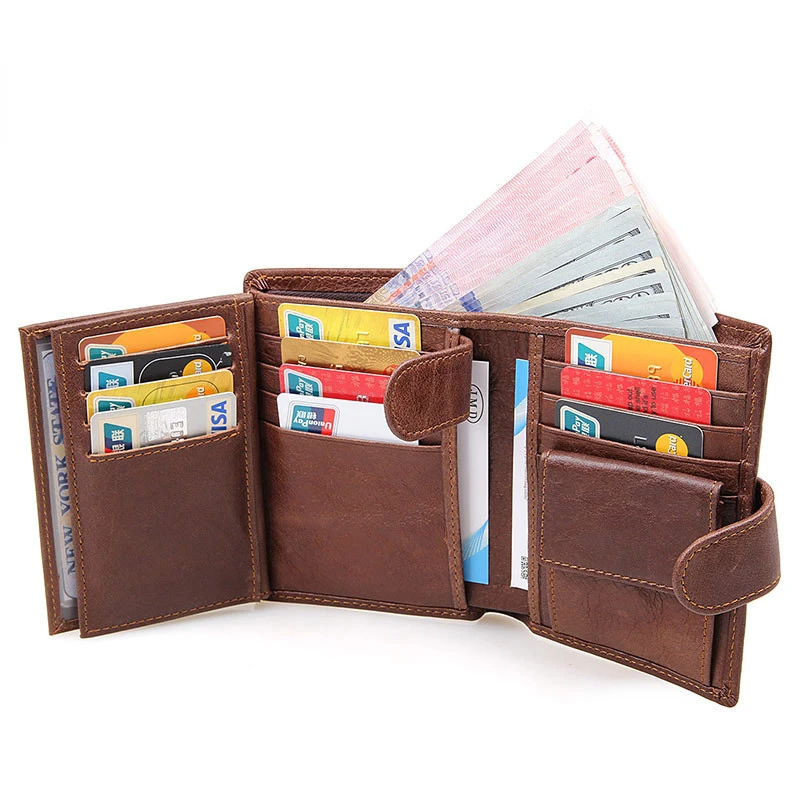 Genuine Leather Men Wallet RFID Casual Short Trifold Wallet Card Holder Large Capacity Hasp Male Purse Clutch Coin Pocket