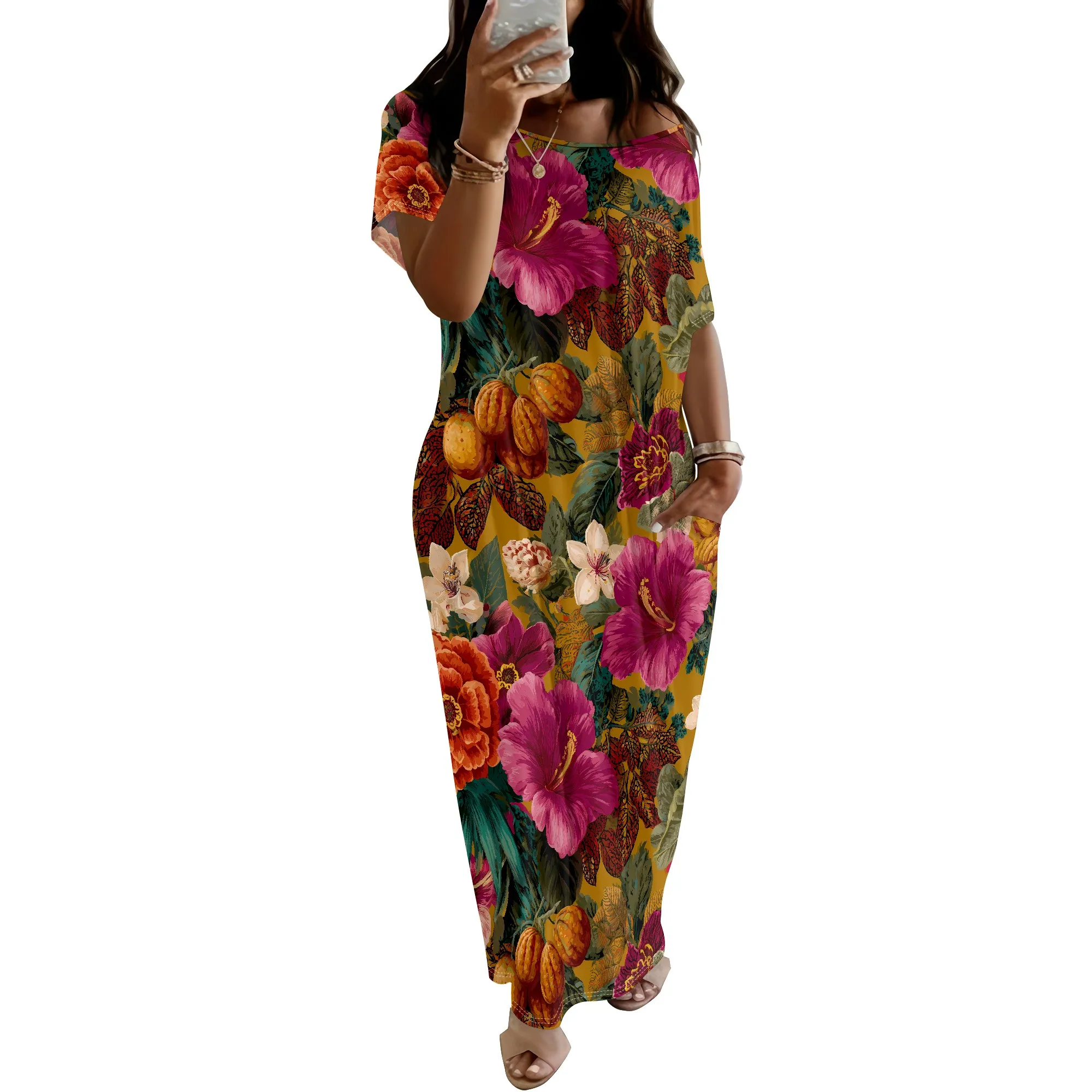 Vibrant Floral Print Maxi Dress Tropical Hibiscus Pattern Loose Fit Short Sleeve Summer Dress with Pockets Vacation Beach Wear