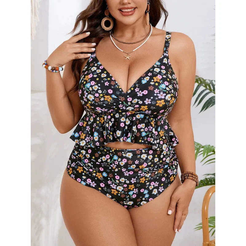 

2026 Large Plus Big Size Bikini High Waist Swimsuit Women Strappy Ruffle Floral Swimwear Female Bathing Swimming Swim Suit 5XL