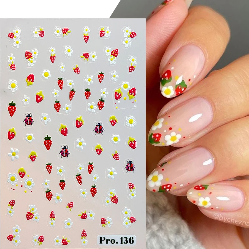 여름 테마 네일 스티커 블루베리 나비 데이지 꽃 접착 슬라이더 귀여운 포일 매니큐어 장식