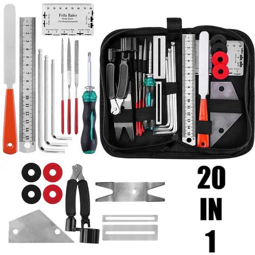Imagen 2 del producto Kit de herramientas de reparación de guitarra 20 piezas, cuidado de la guitarra, bobinadora de cuerdas, regla de acción de nivelación, lijado de trastes, 3 en 1