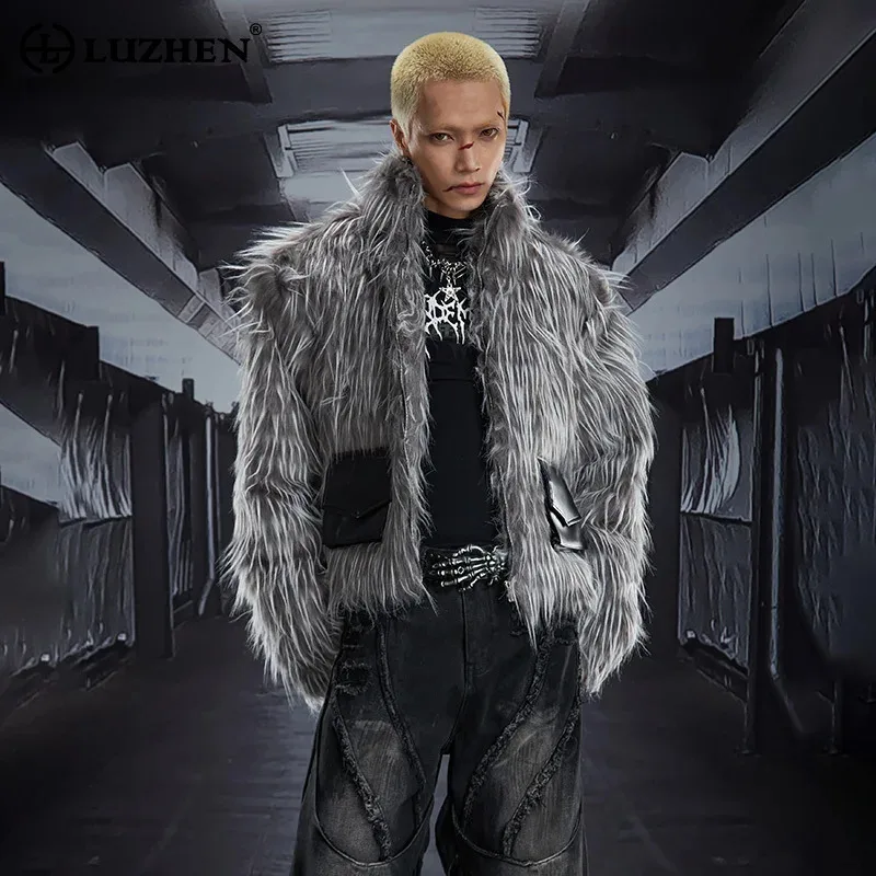 

LUZHEN 2025 Winter New Stylish Color Contrast Pockets Decorate Thickened Faux Fur Jacket Men's Handsome Street Parka Coat JY5276