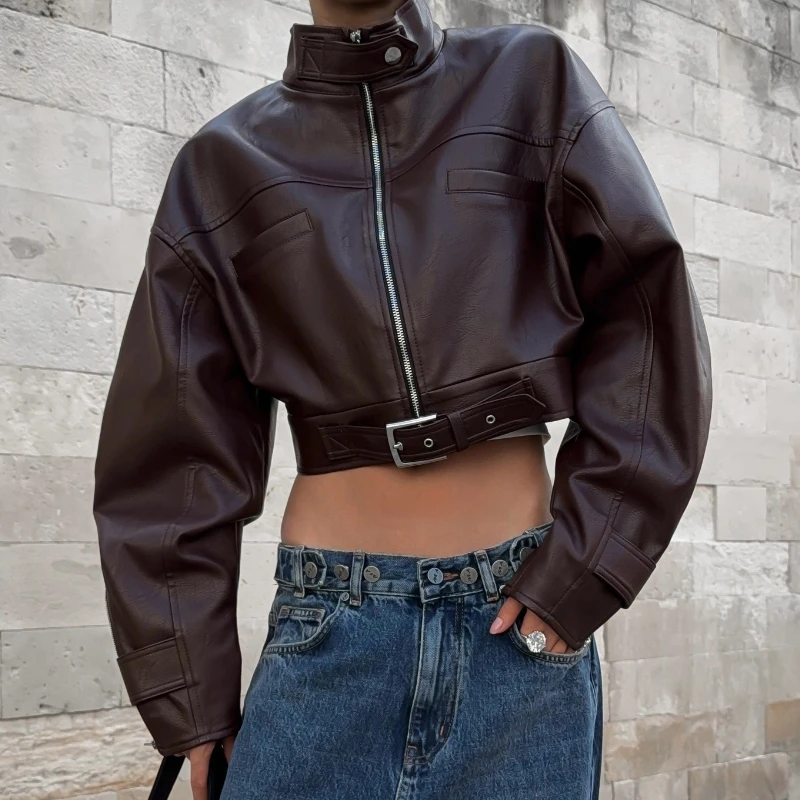 TARUXY, chaqueta holgada de cuero PU con cuello levantado, moda para mujer, hebilla de Metal, bolsillo con cremallera, empalme, abrigo corto de calle para Otoño e Invierno