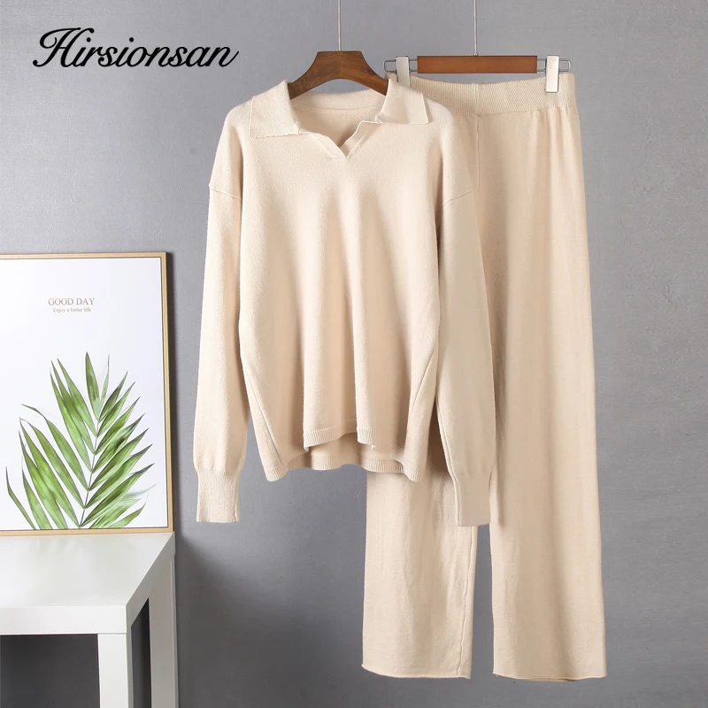 Hirsionsan Cashmere Turn Down Neck Knitted Sets Women 2023 Winter Casual Two Pieces Sweater and Pants Loose Outfits Tracksuit