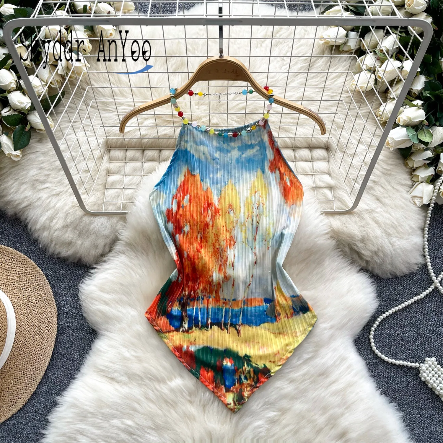 

Summer Vintage Painting Printed Halter Tops Backless Irregular Bandage Tube Top Harajuku Streetwear