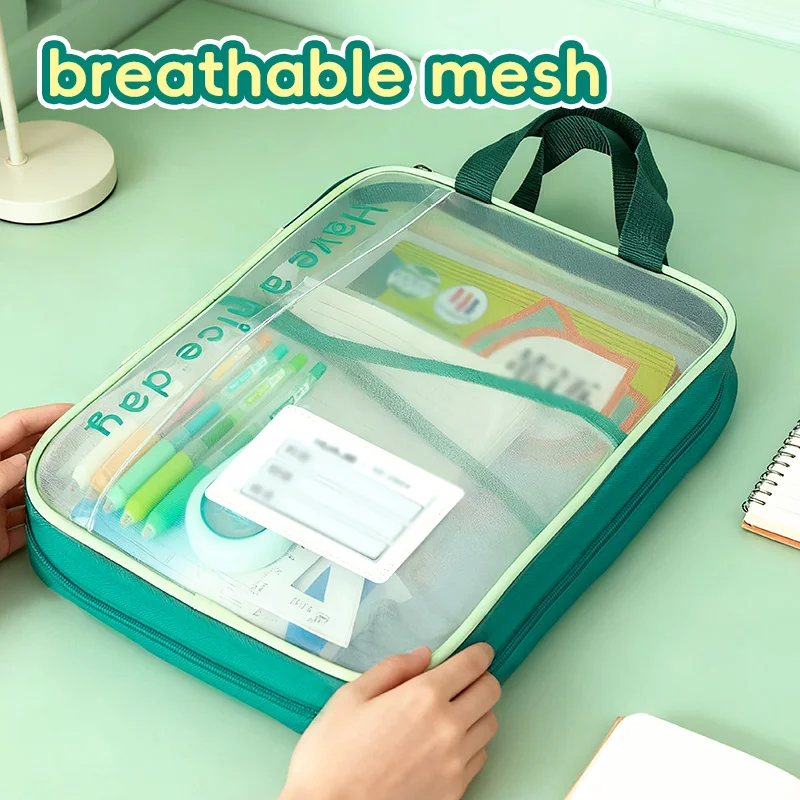 1PC 180-Degree Wide-Open File Bag - 4-Layer Transparent, Large-Capacity Zippered Handheld for Students