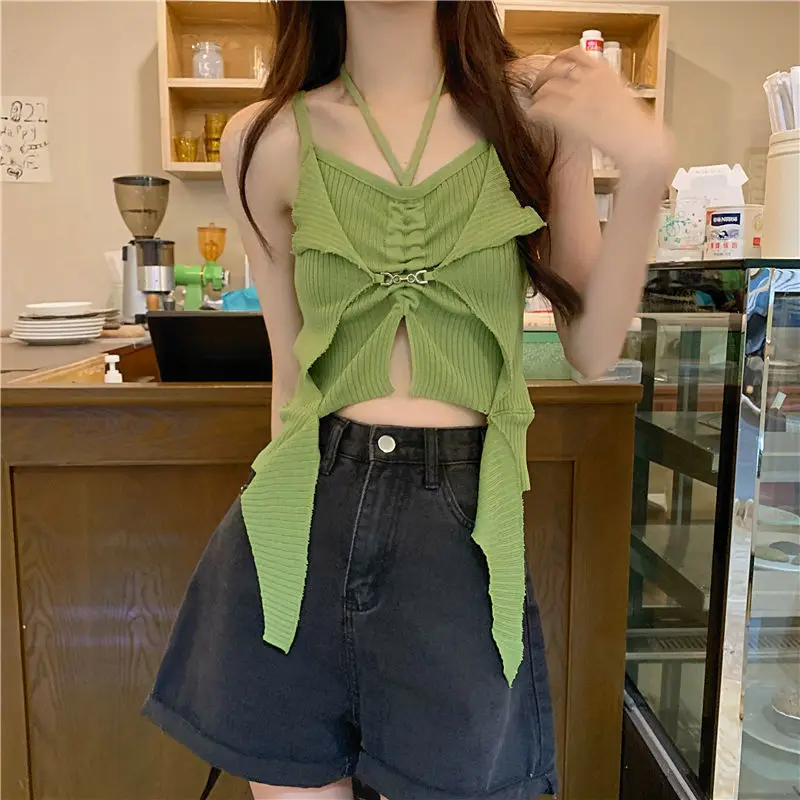 Summer Sweet Women Vest Korean Lace Up Off Shoulder Female Casual Knitting Strap Tops Ruffles Tunic Sleeveless Sexy Crop Tops