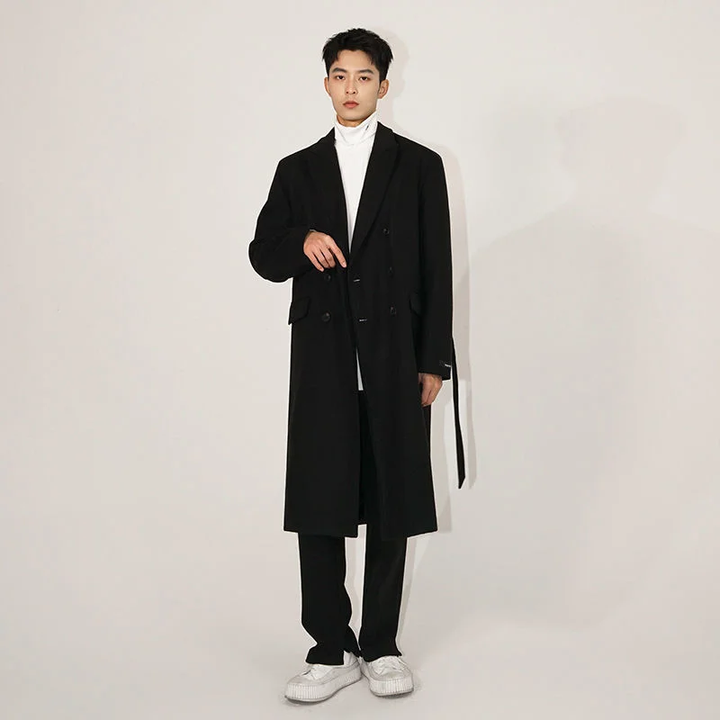 Double Men's Breasted Woolen Coat New Autumn Winter Thickened British Style Lable Cuff Design Korean Tide Belted Coats