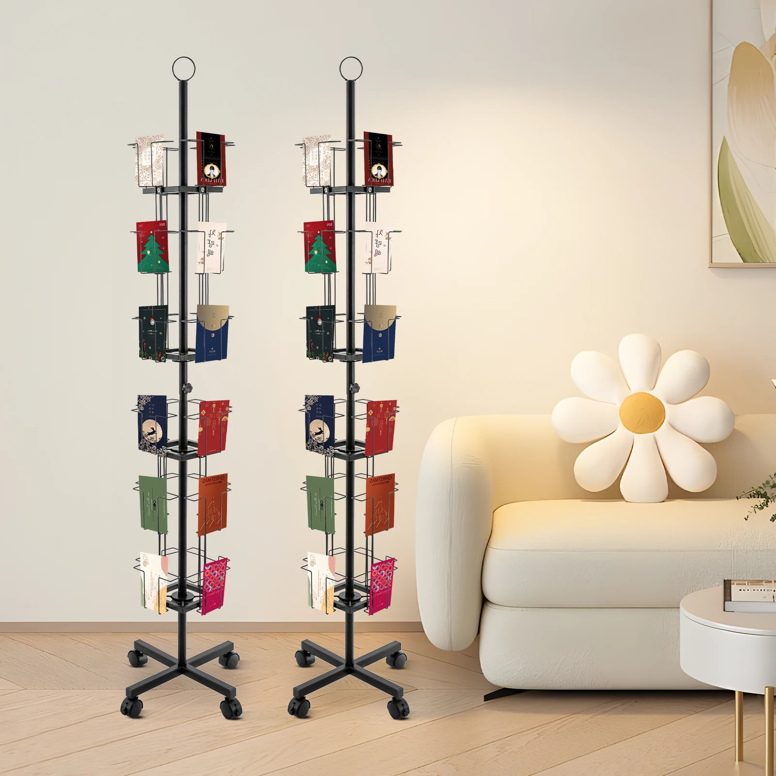 Porta biglietti d'auguri a sei piani in ferro nero da 1,73 metri di altezza Espositore per carte rotante a 24 bit con ruota del freno