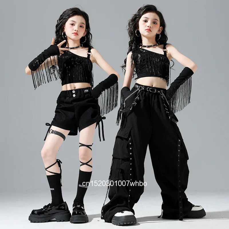 

Черный джазовый танцевальный костюм, танцевальный тренировочный костюм, групповой сценический костюм, современный костюм в стиле хип-хоп для уличных танцев с кисточками