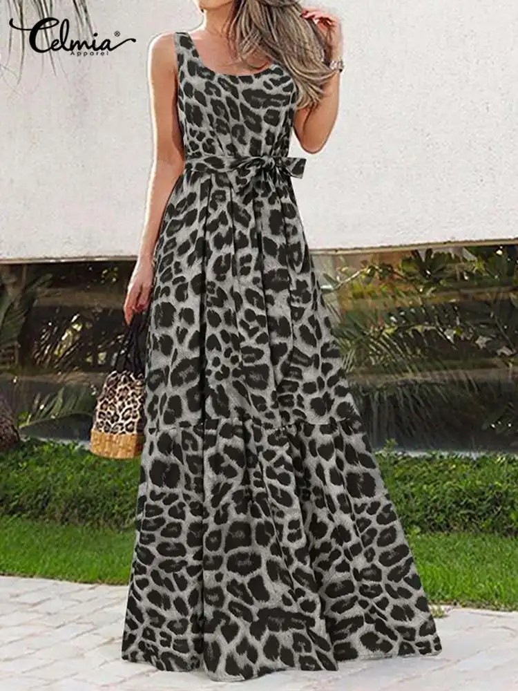 Summer Women Dress 2023 Elegant Party Sleeveless Maxi Dress Celmia Sexy Bohemian Leopard Print Vestidos Casual Swing Sundress