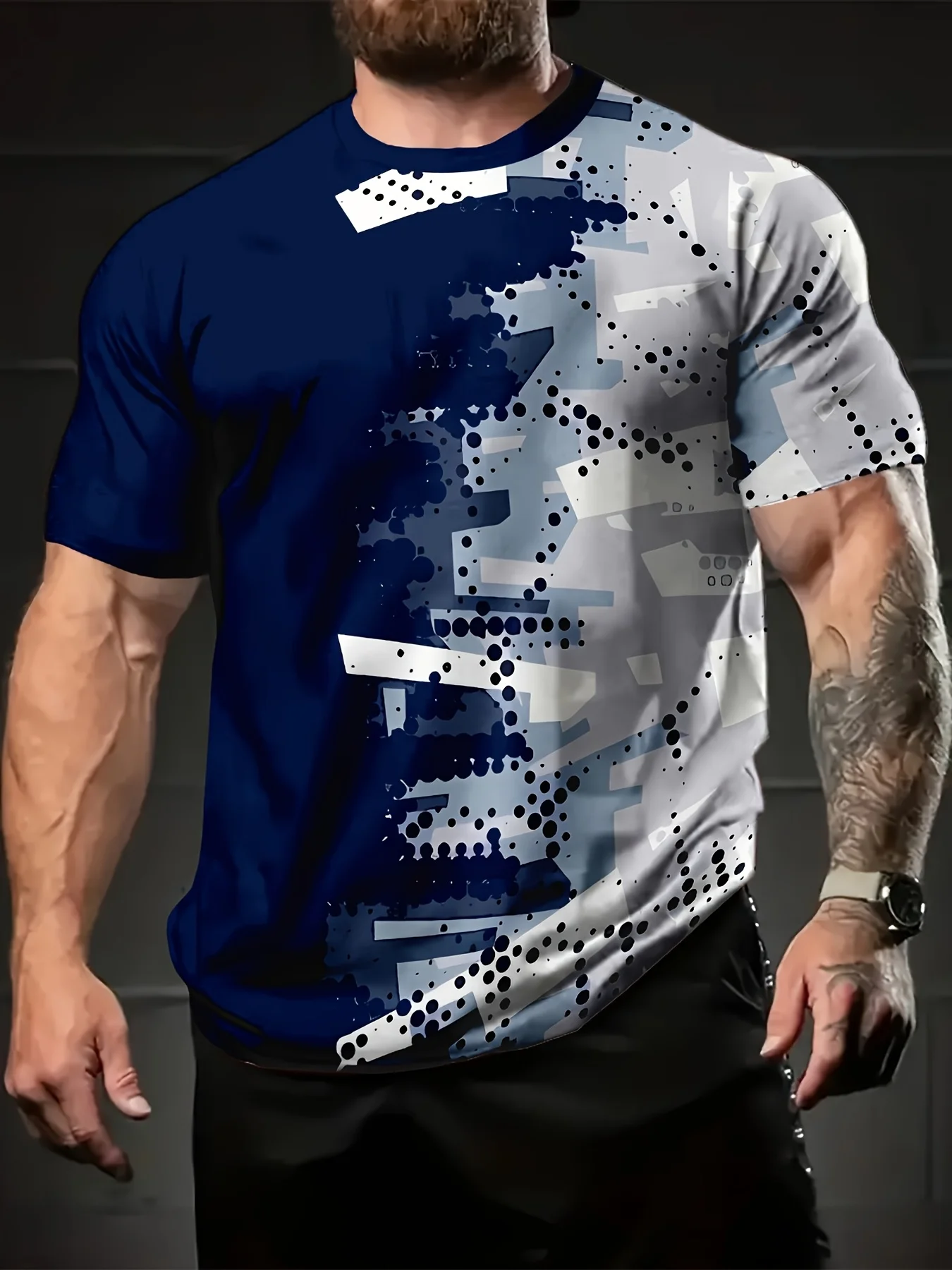 

Мужская футболка с короткими рукавами с 3D узором — жирный принт черепа и молнии, черно-желтые акценты, обычный стиль, повседневный уличный стиль