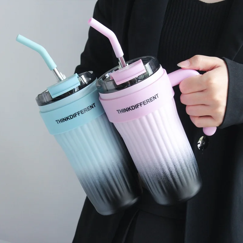 860ml Thermos Cup Stainless Steel Keep Cold with Straw Handle Portable Outdoor Sport Gym Bottle Simple Thermal Insulation Cup