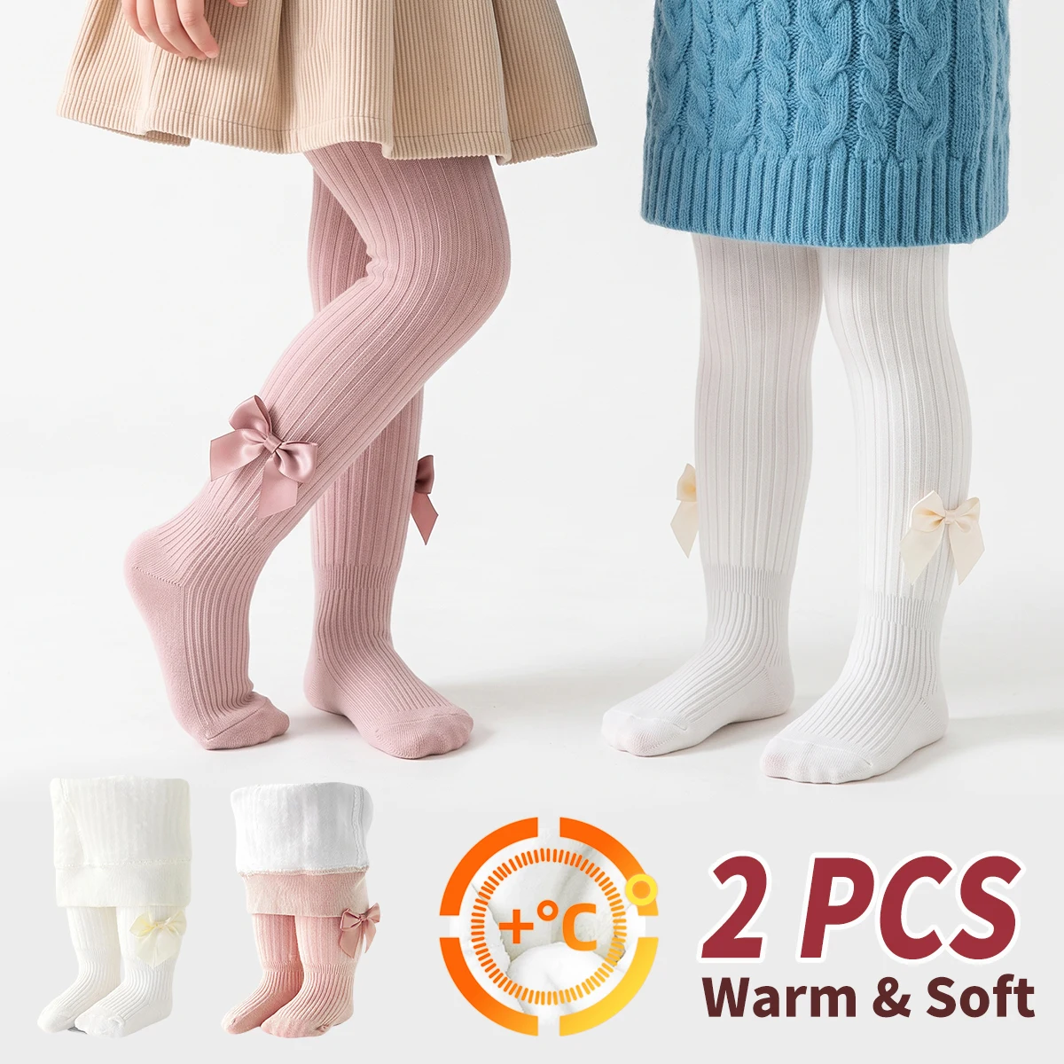 2PCS Kids Thick Fleece Tights, Cute Bow Ribbed Stretchy Thermal Footed Leggings for Little Girls