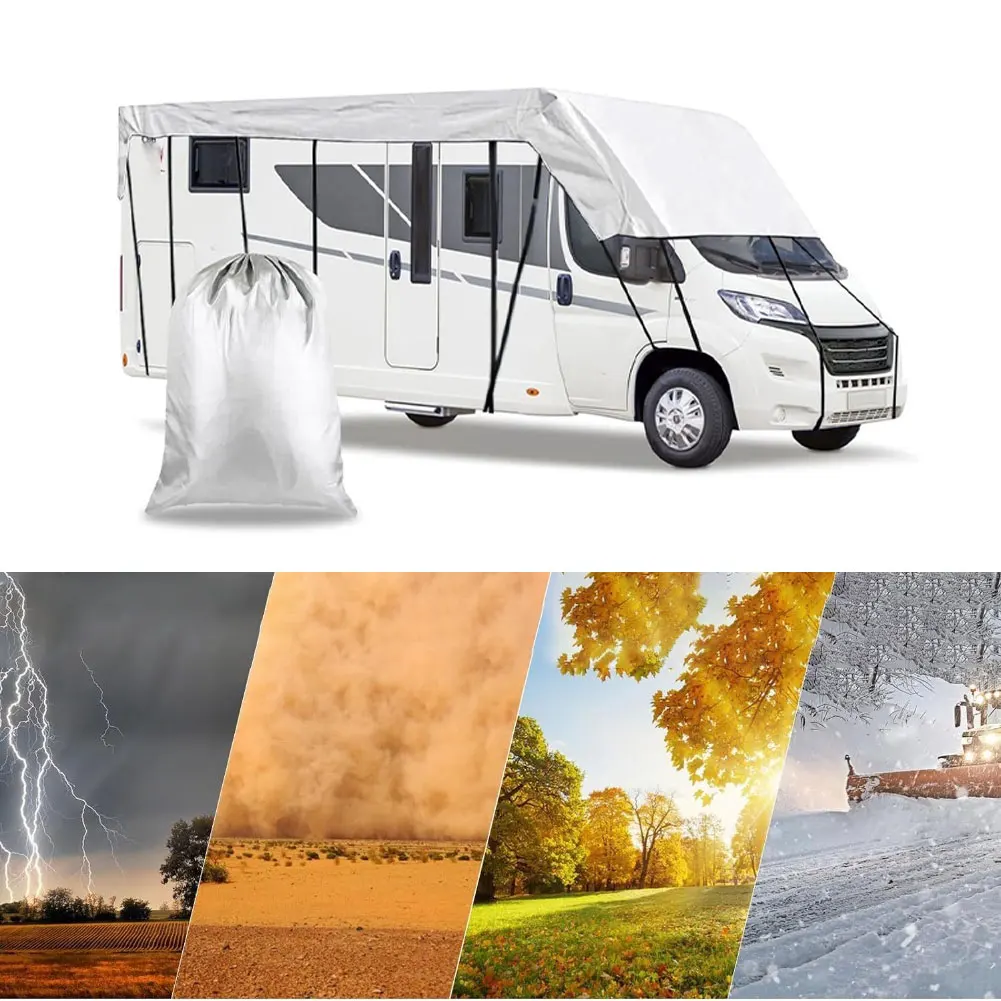 6.5-8.5M 210D Roof Protective Cover Silver Roof Protection Cover Tarpaulin Waterproof Covers Truck Foldable Sunscreen RV Cover
