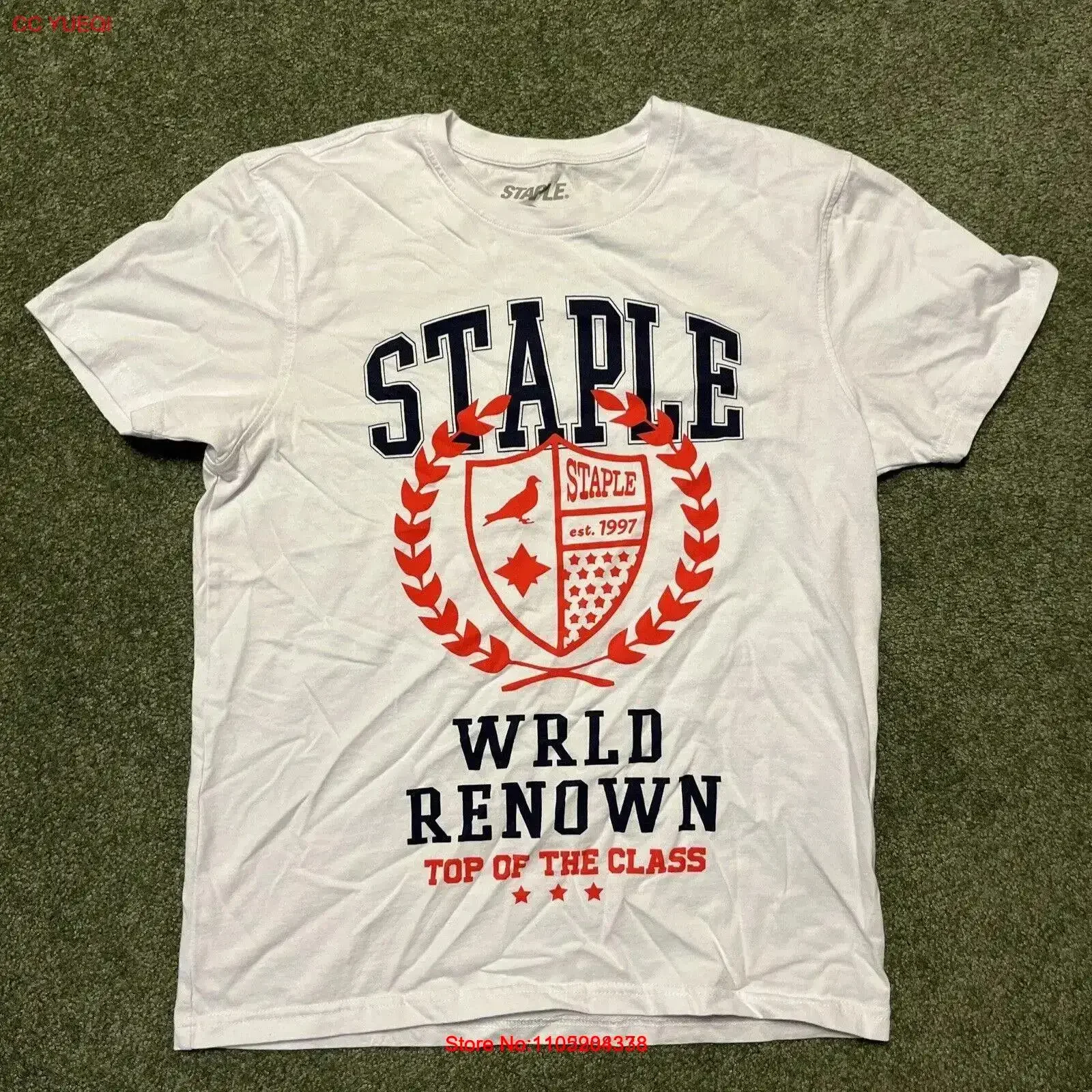 Men s Small Staple Pigeon New York White T Shirt WRLD Renown Vintage Washed Breathable designer clothes Casual Soft vintage