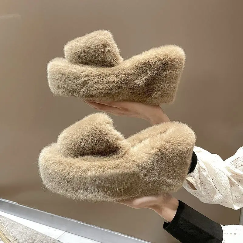 Shoes Woman 2023 House Slippers Platform Pantofle Fur Flip Flops On A Wedge Heeled Mules Flock Luxury Slides New Plush High