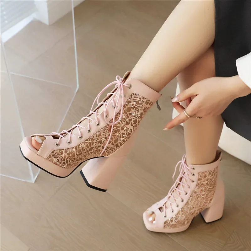 Sexy Summer Peep Toe Platform Ankle Boots Women High Chunky Heel Black Pink Mesh Dress Office Lady Zipper Cool Bling Short Boots