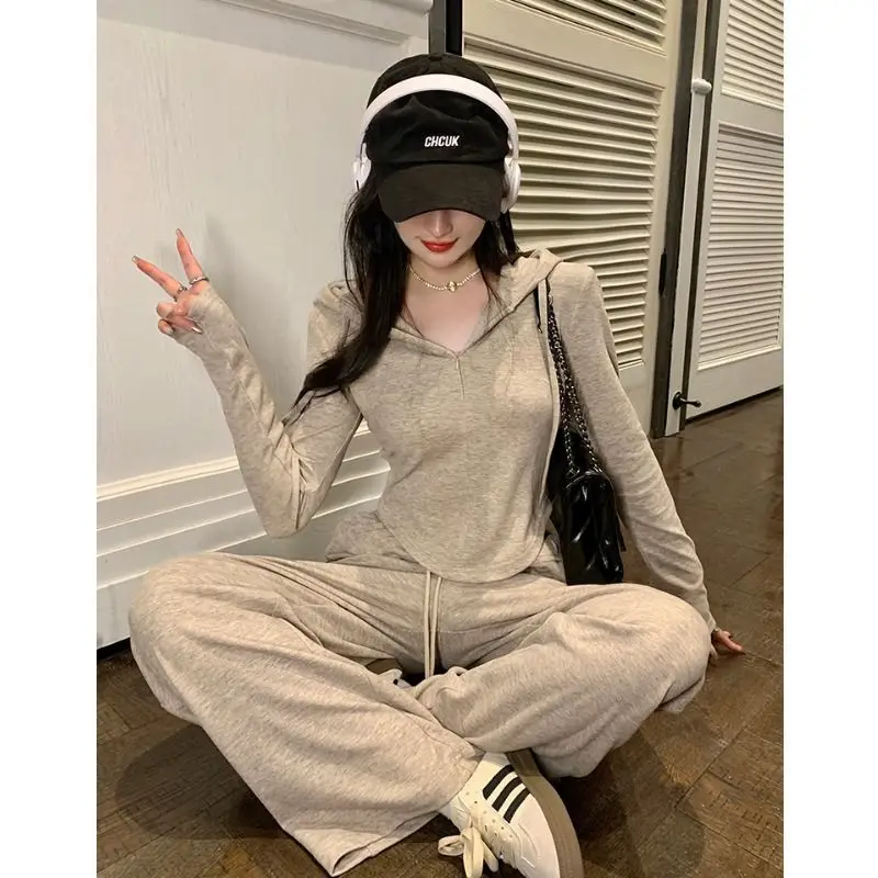 Lazy Casual Suit Hooded Jacket Top Women\'s Wide Leg Pants Floor Length Pants Sports Style Two-piece Set