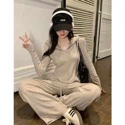 Lazy Casual Suit Hooded Jacket Top Women's Wide Leg Pants Floor Length Pants Sports Style Two-piece Set