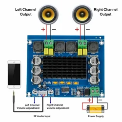 XH-M543 Dwukanałowy cyfrowy wzmacniacz mocy klasy D Moduł wzmacniacza audio Wysoka moc 2*120W TPA3116D2 DC 12V 24V