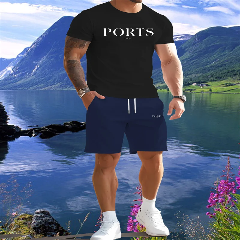 

Summer new fashionable men's sports suit short sleeved T-shirt outdoor sports shorts two-piece set daily casual sportswear