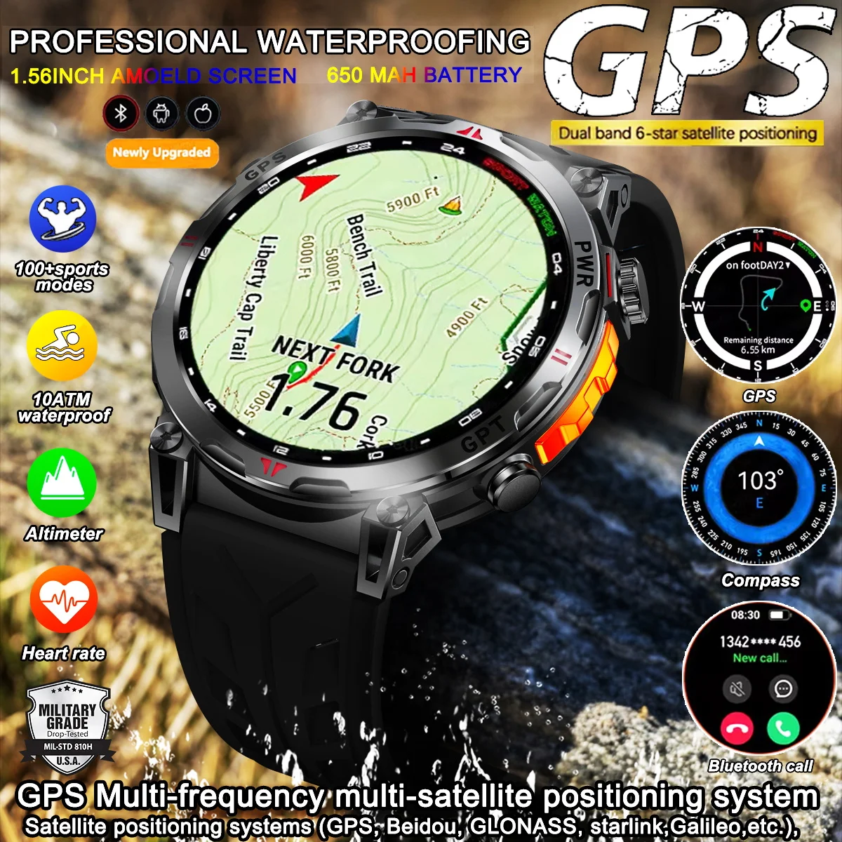 

2025 Новые встроенные спортивные умные часы с GPS, аккумулятор 650 мАч, 10 АТМ, водонепроницаемые, для путешествий на открытом воздухе, GPS, фитнес-трекер, умные часы с вызовом