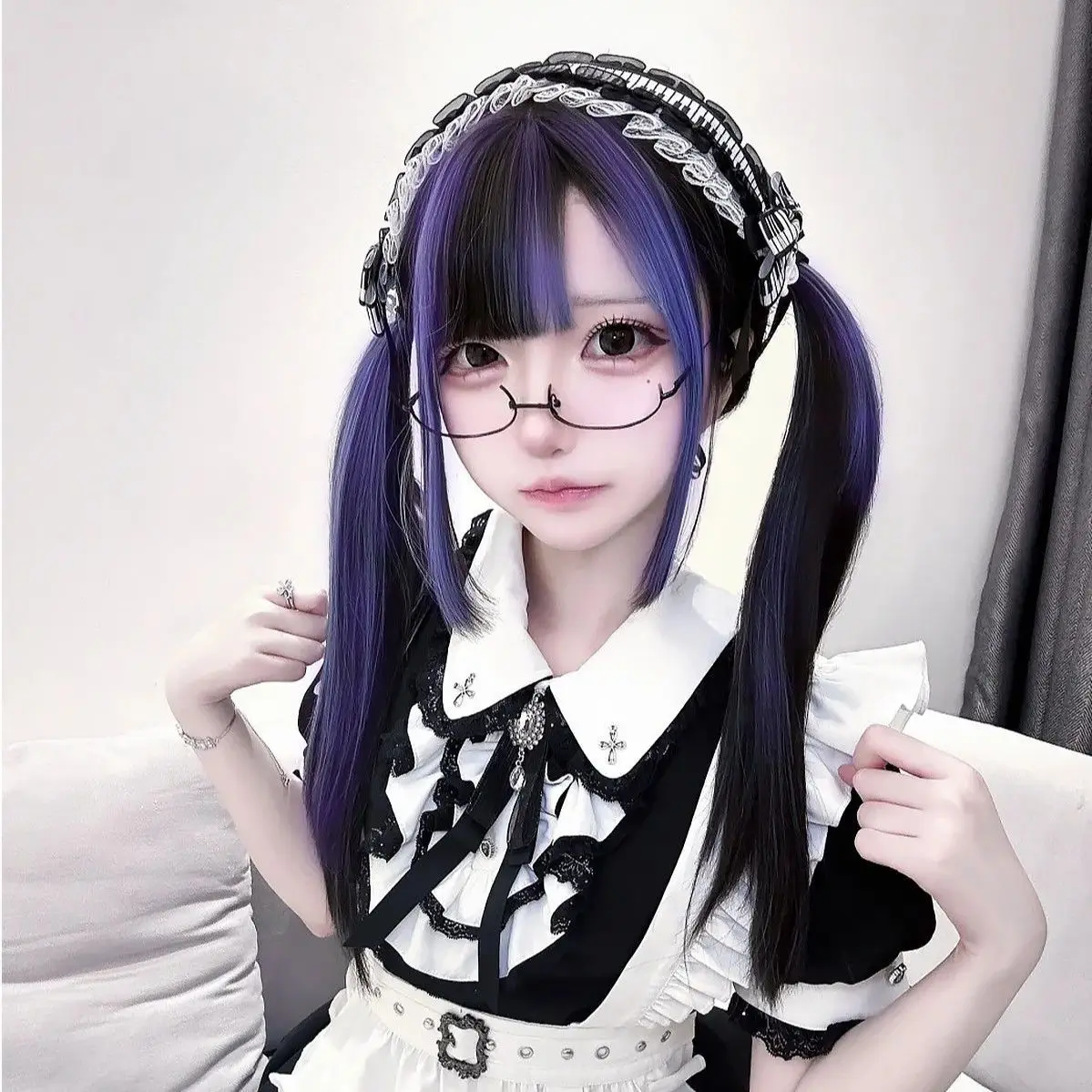 ‌Dark Purple Lace Front Wig - Gothic Anime Wig, Full Head Cosplay Hair, Air Bangs Straight Wig, Ombre Hair