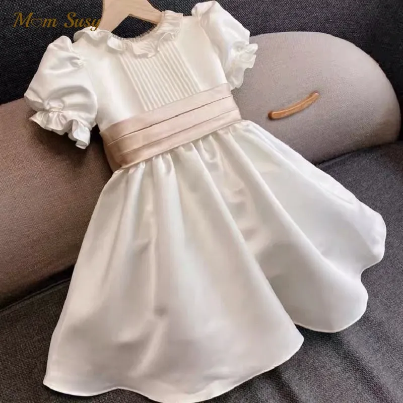 Vintage Girl Birthday Party Dress Child Girls' Princess Dresses Kid White Clothes with Big Bow