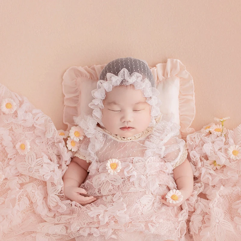 Newborn Photography Outfit Baby Girl Princess Lace Puffy Dress Daisies Flowers Pose Photo Props Studio Shooting Accessories