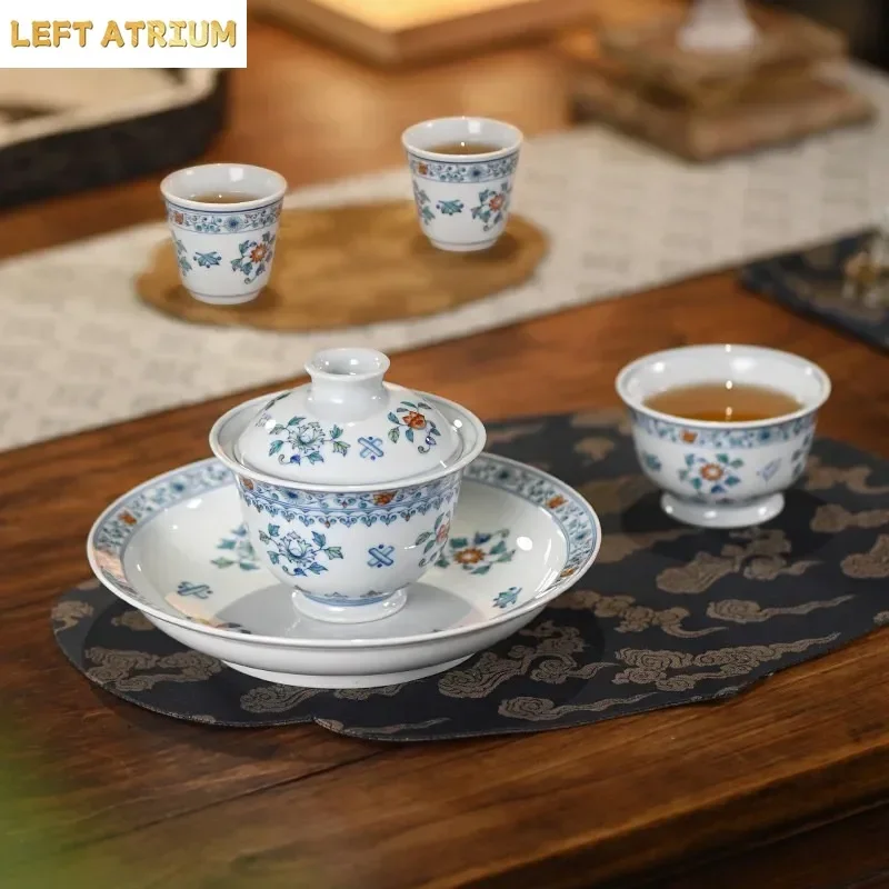 140ML Jingdezhen Doucai Four Seasons Flower Cover Bowl Master Cup Underglaze Color Special TeaCup Blue and White Eight Treasures
