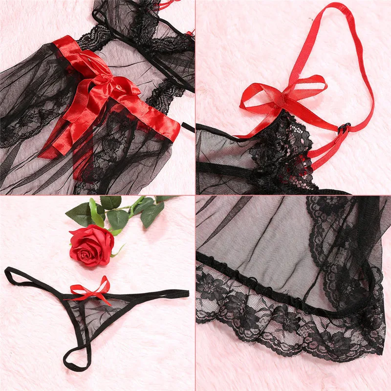 2XL Lace Sexy Lingerie Women Black Sex Babydoll Erotic Dress+G-string Nightgown Sleepwear G-String Dress Erotic Underwear