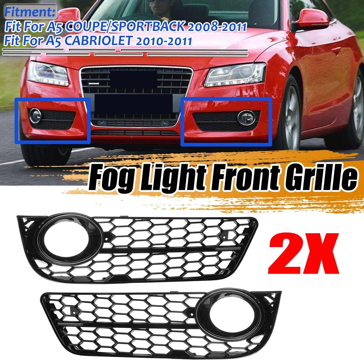 2x A5 Car Front Bumper Fog Light Lamp Grille Grill Cover Mesh Honeycomb Hex For Audi A5 Coupe/Sportback 08-11 Cabriolet 10-11