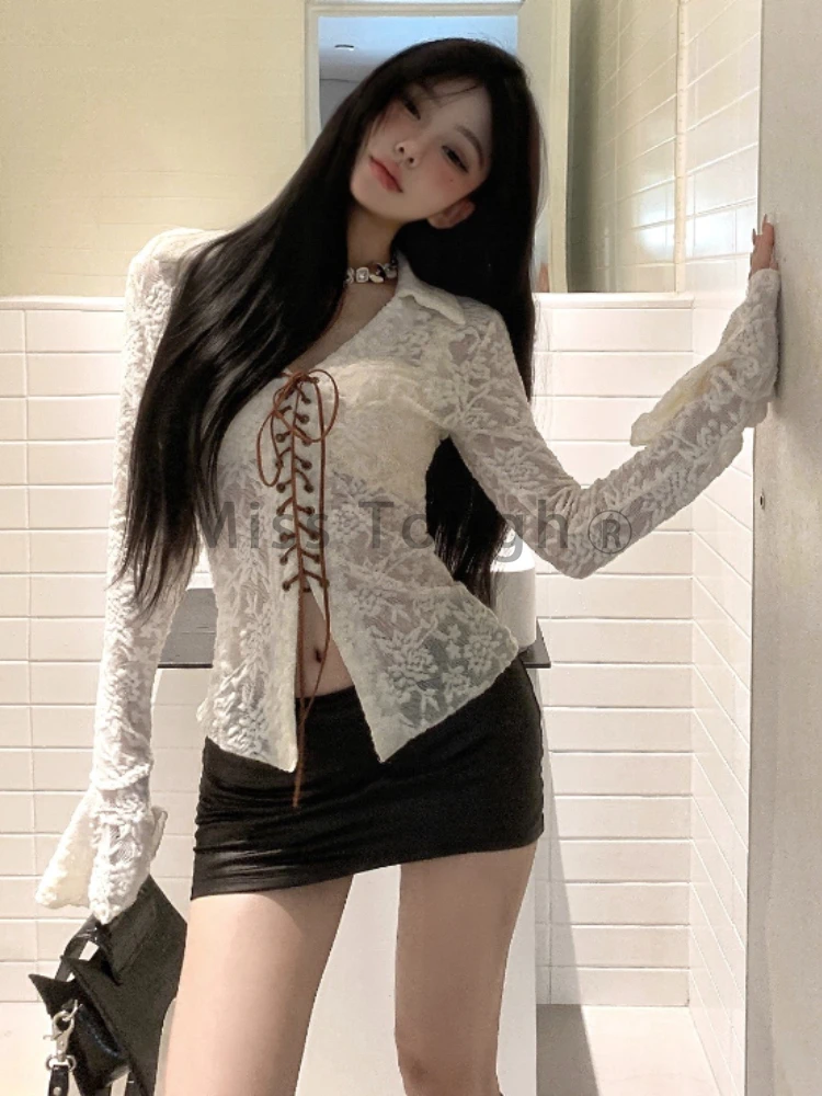 France Elegant Lace Flare Sleeve Tops Women Fashion Y2k V Neck Solid Base Shirt Female Design Sexy Lace Up Single Piece Top New