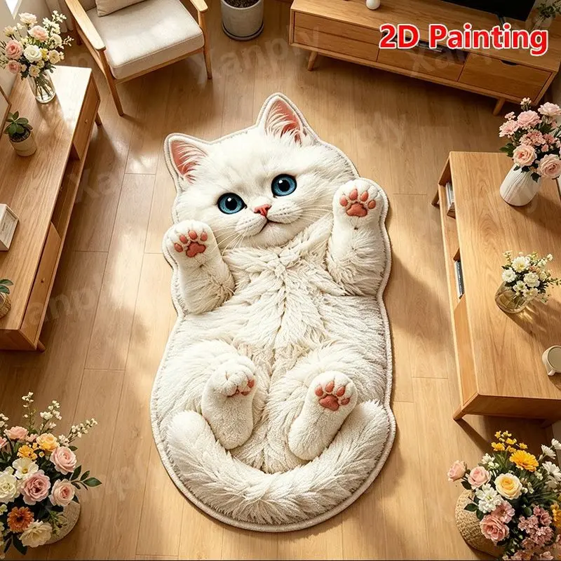 VIKAMA Cute Chubby Cat Rug Kitten Belly Up Irregular Shaped Area Rug Orange Floor Mat for Bedroom Christmas Holiday Decor