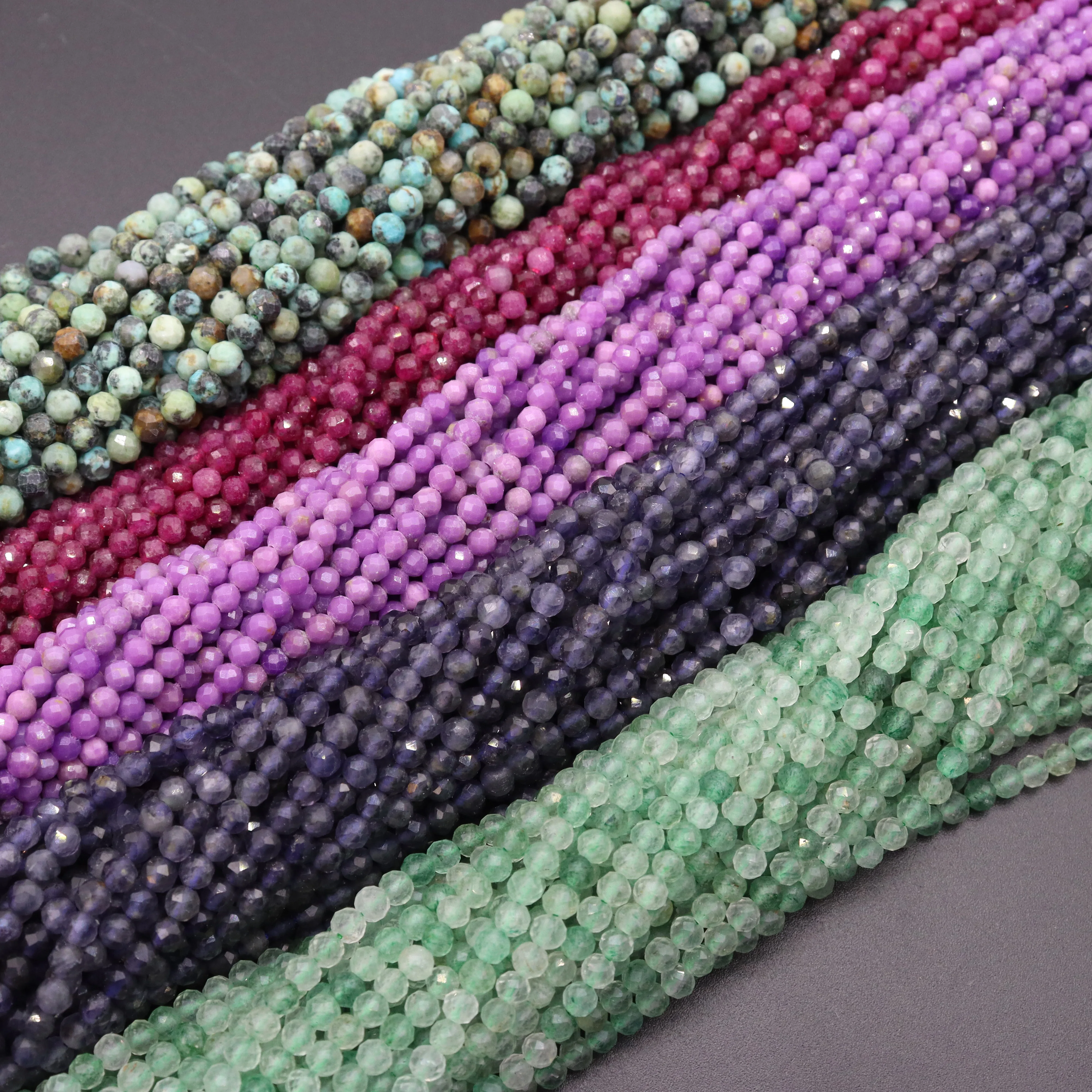 Natural Stone Round Loose Beads Ruby African Turquoise Green Strawberry-stone Cordierite Purple Mica For Jewelry Making DIY 15''