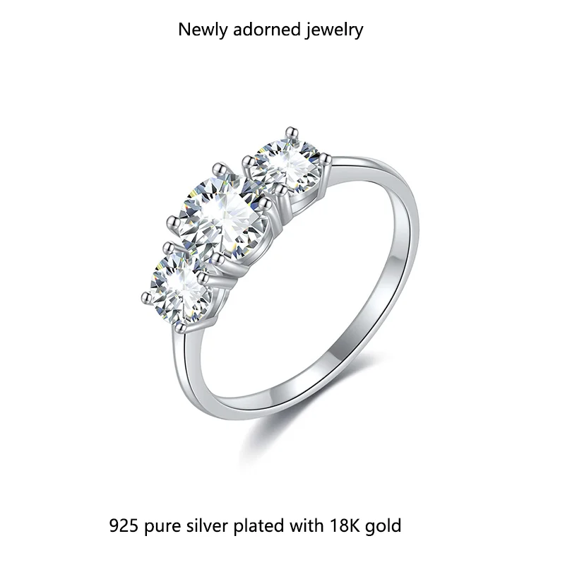 

925 Sterling Silver Cross-border New Simple S925 Pure Silver Ring for Women with Three Stones, 1.6 Carats Moissanite Ring