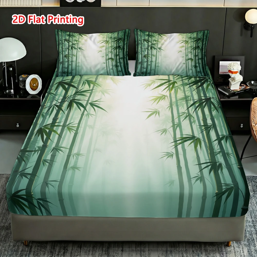 3-Piece Mattress Protector Set, 2D Flat Printed Fitted Sheet, Bamboo Forest Fitted Sheet and Pillowcase Set, Bedding, Home Bedroom Decoration, Holiday Fitted Sheet and Pillowcase, Mattress Protector, Stain-Resistant, Mattress Cover, Suitable for All Seasons, Machine Washable, Easy to Care For, Suitable for Home Bedroom Use, Essential for Dormitories and Rentals, Master Bedroom and Guest Room Decoration, Dust-Proof and Stain-Resistant, High Elasticity, Fits Various Sizes