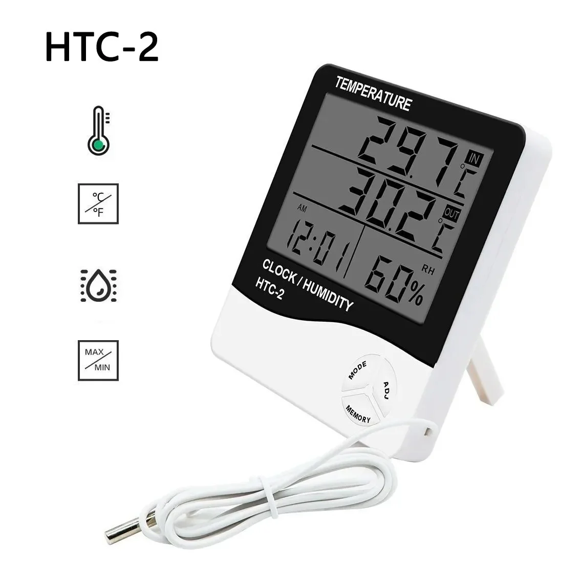 

LCD Digital Temperature Humidity Meter HTC-2 Home Indoor Outdoor Electronic Hygrometer Thermometer Weather Station with Clock