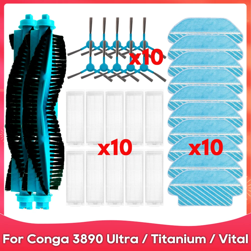 Fit For Cecotec Conga 3890 Ultra / Titanium / Vital Robot Vacuum Spare Parts Accessories Roller Side brush Hepa Filter Mop